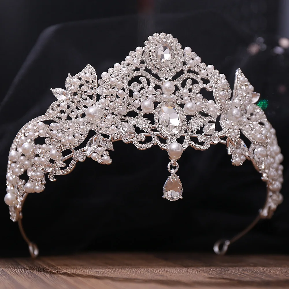 KMVEXO Baroque Luxury Crystal Pearl Tassel Tiara Crowns For Women Wedding Party Bridal Flower Bowknot Crown Hair Dress Accessory