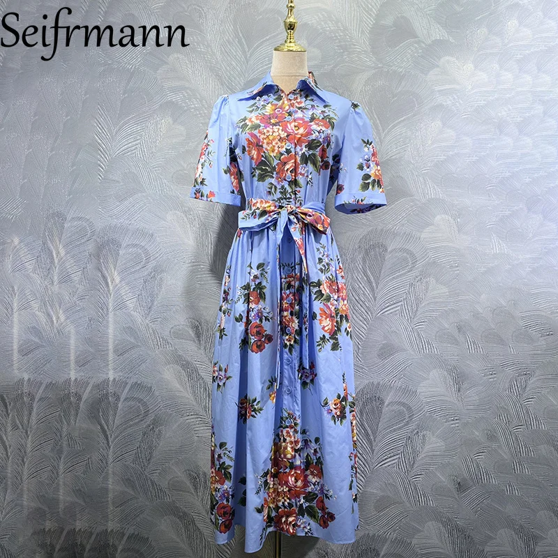 Seifrmann 2026 Frühling Damen Neues Modisches Revers-Kurzarmkleid mit Einreiher, Baumwolle, Bedruckt, Tailliert