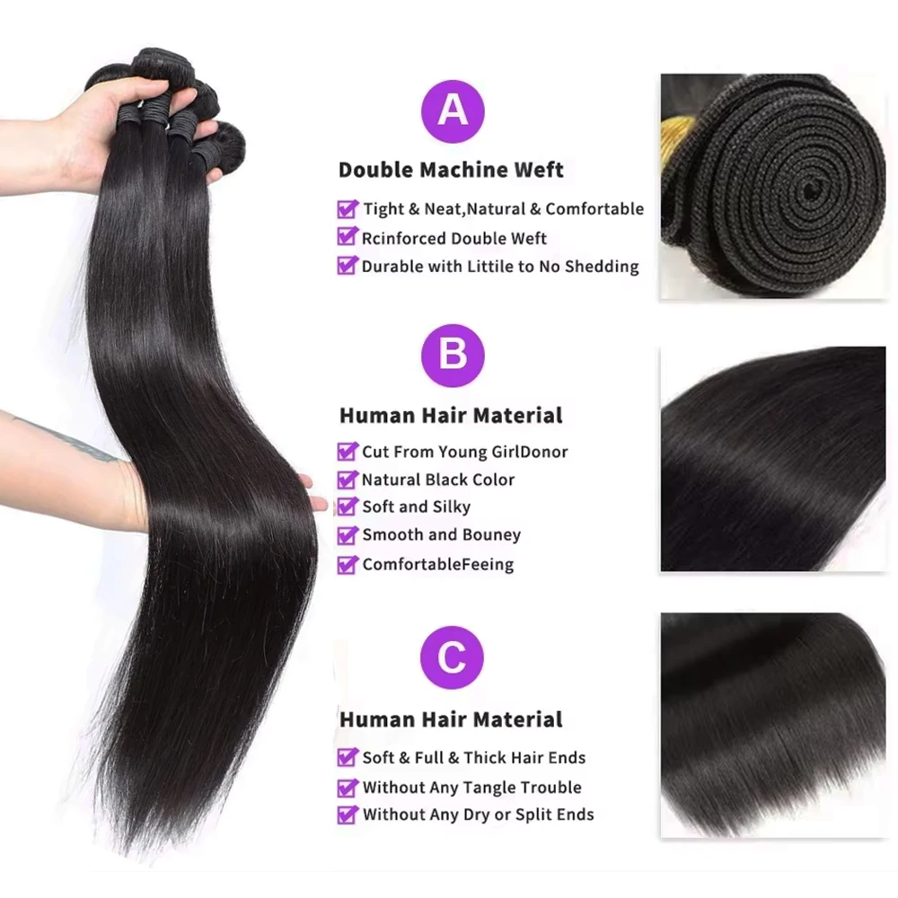 Raw Human Hair Bundles Straight Brazilian 3 4 Bundles 28 30 Inch Virgin Remy Hair Extensions For Women Sew In Quick Weave Bundle image 4