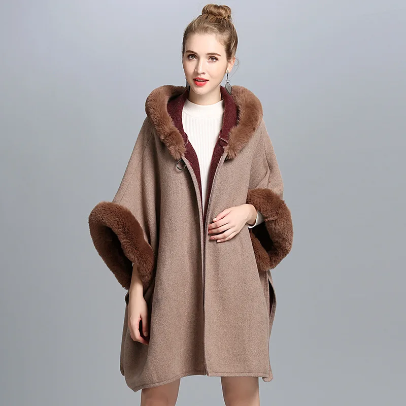 

C3196 Autumn Winter Women's Loose Hooded Poncho Wool Blends Faux Fur Collar Cuff Cardigan Shawl Cape Cloak Outwear Coat