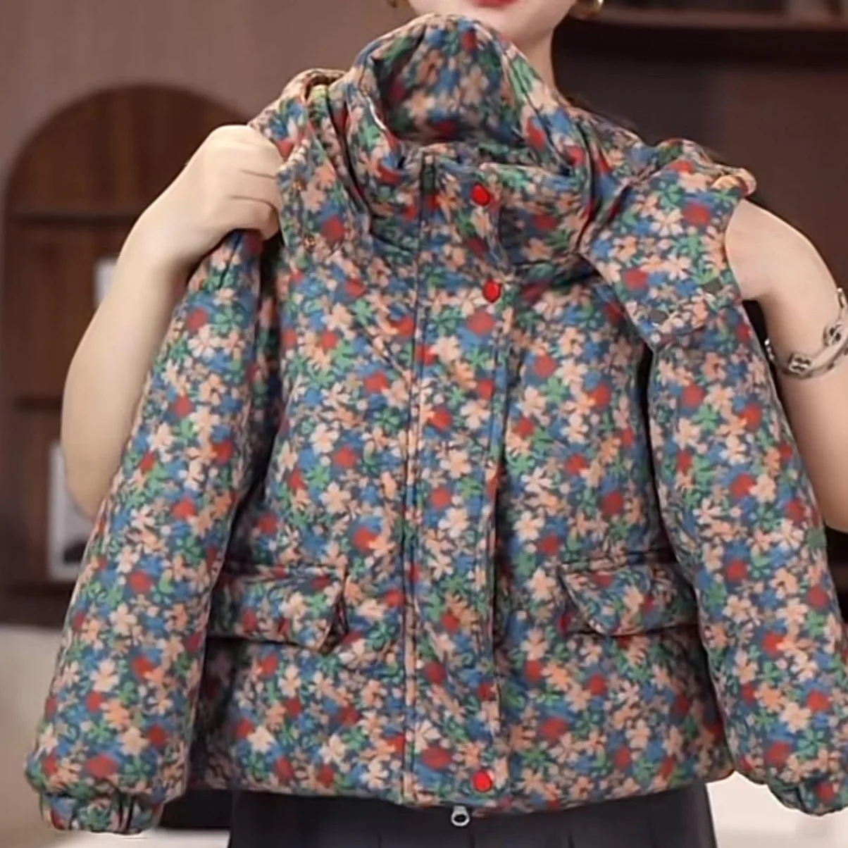 

2025 Korean Winter Kids Puffer Jacket Floral Print Warm Coat Cute & Fashion Cold-Weather Outerwear for Girls