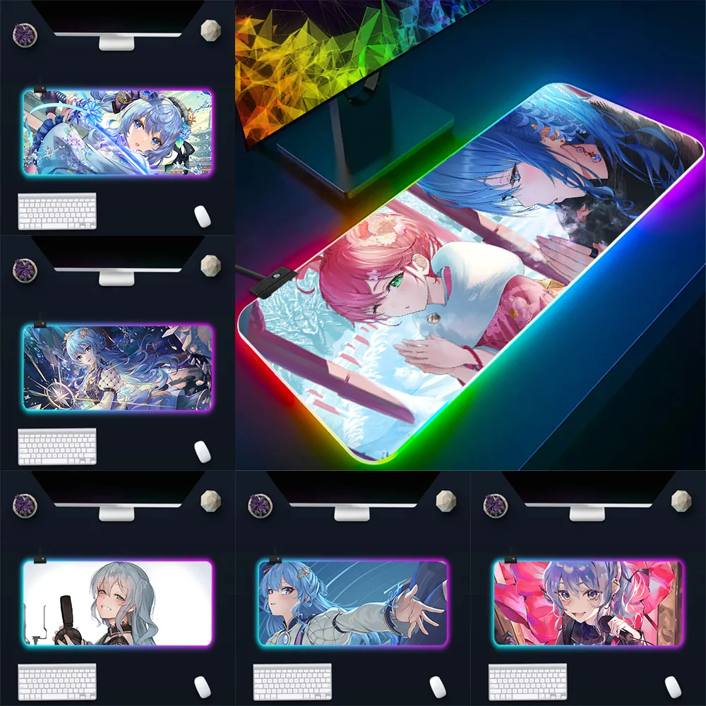 H-Hoshimachi Suisei RGB Pc Gamer Keyboard Mouse Pad Mousepad LED Glowing Mouse Mats Rubber Gaming Computer Mausepad