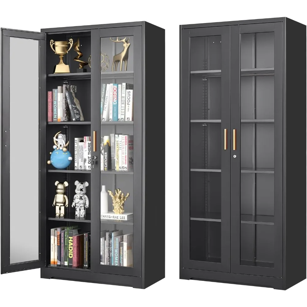 

71" Tall Black Locking Cabinet, Metal Storage Cabinet with Glass Doors, Glass Display Cabinet, Curio Cabinet with 4 Adjustable S