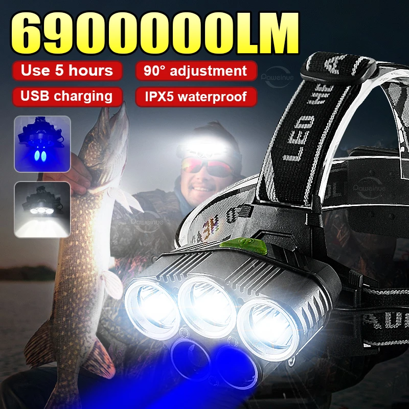 

Налобный фонарь 69000000LM с 2 светодиодами, перезаряжаемый, 5 режимов работы, водонепроницаемый, для рыбалки и активного отдыха, на аккумуляторе 18650
