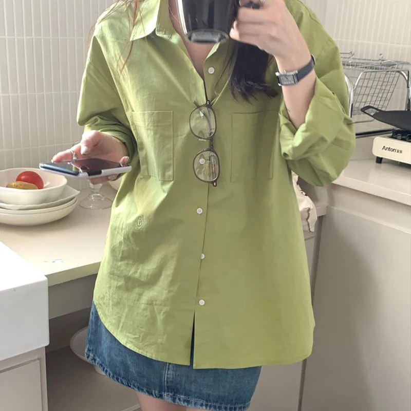 Autumn Woman Clothes Green Long Sleeve Shirt Niche Loose Top Outerwear Coat Basic Buttons Leisure Korean Fashion Bright Classy