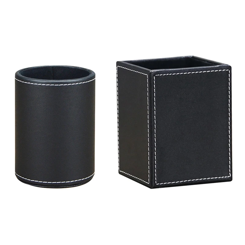 2Pack PU Leather Pens Pencils Holder Cup Desktop Stationery Organizer Case Office Parts Accessories Container Box Black