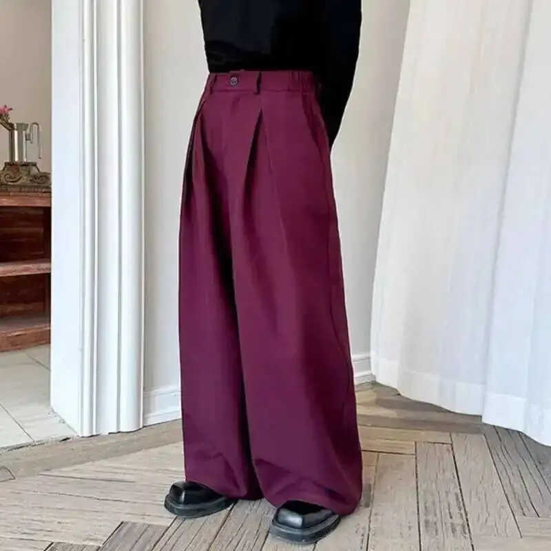 Korean Style Men's Casual Pants Pleated Design Straight Spring Trousers Wide Leg Loose Male Bottom Trendy Menswear 9YL8K