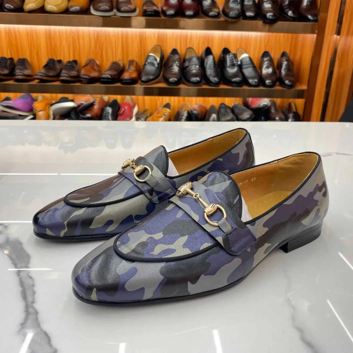 Men's Faux Leather Horsebit Loafers Glossy Croc Embossed Camo Pattern Tassel Detail Slip On Dress Shoes for Events Street Style