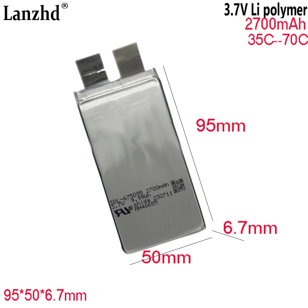 3.7V high rate 35C 70C lithium cell For starting power supply spot welding machine battery 675095 2700mAh 95*50*6.7mm