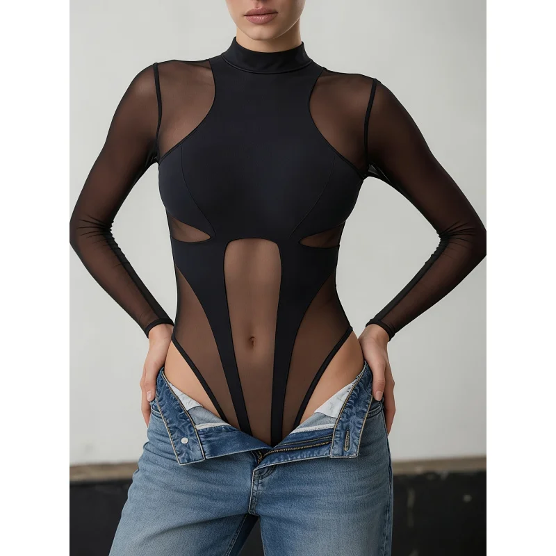 Women's Sheer Mesh Patchwork Bodysuit, Summer Party Backless Bodystocking Top