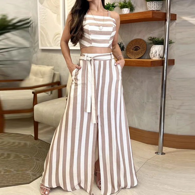 Striped Crop Top & Cuffed Pants Set Women Wide Leg Pant Sets Two Piece Suit Single Breasted High Waist Elegant Trousers Suits