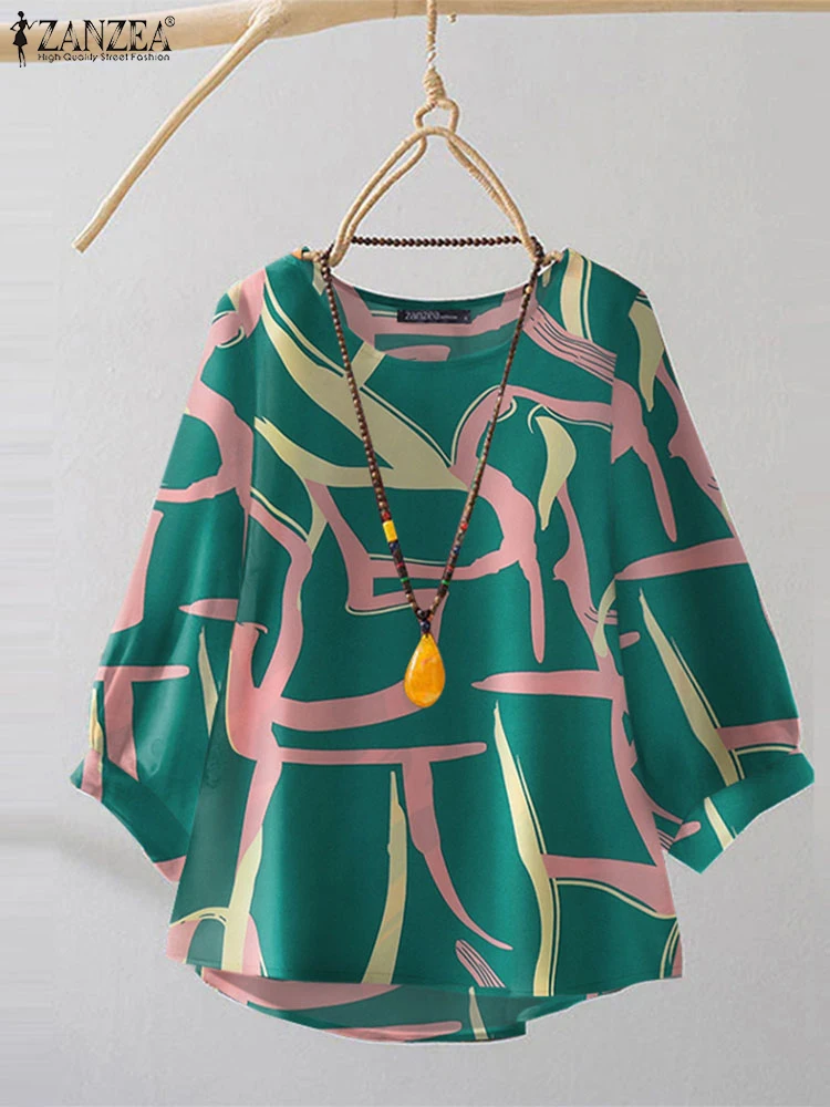 ZANZEA 2025 Camicette da donna estive Top Vintage O-Collo Linea stampata Moda Tuniche con maniche a 3/4 Camicie da donna allentate casual da ufficio