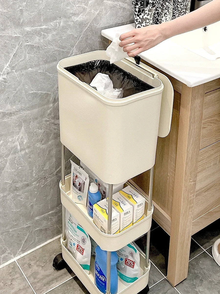 Kitchen trash can, household narrow slit multi-layer, large-capacity movable storage bucket with cover, dry and wet separation