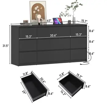 臥室九抽屜櫃,附充電站,63吋現代大型木質無把手抽屜櫃,黑/白 8 最佳銷售 抽屜櫃 - №6