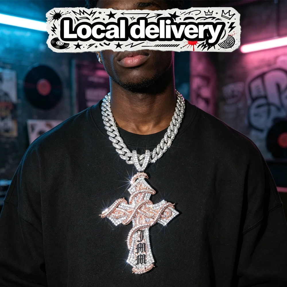 Two-Tone Rose Gold Silver Thorn Cross Pendant Engraved Letters Full Paved Cubic Zirconia Hip Hop Necklace 18K Electroplated Gold Cuban Charm For Rappers Faith Street Bling Jewelry Self-Stand Street Warrior Full Diamond Punk Pendant Gift For Man Boy Friend