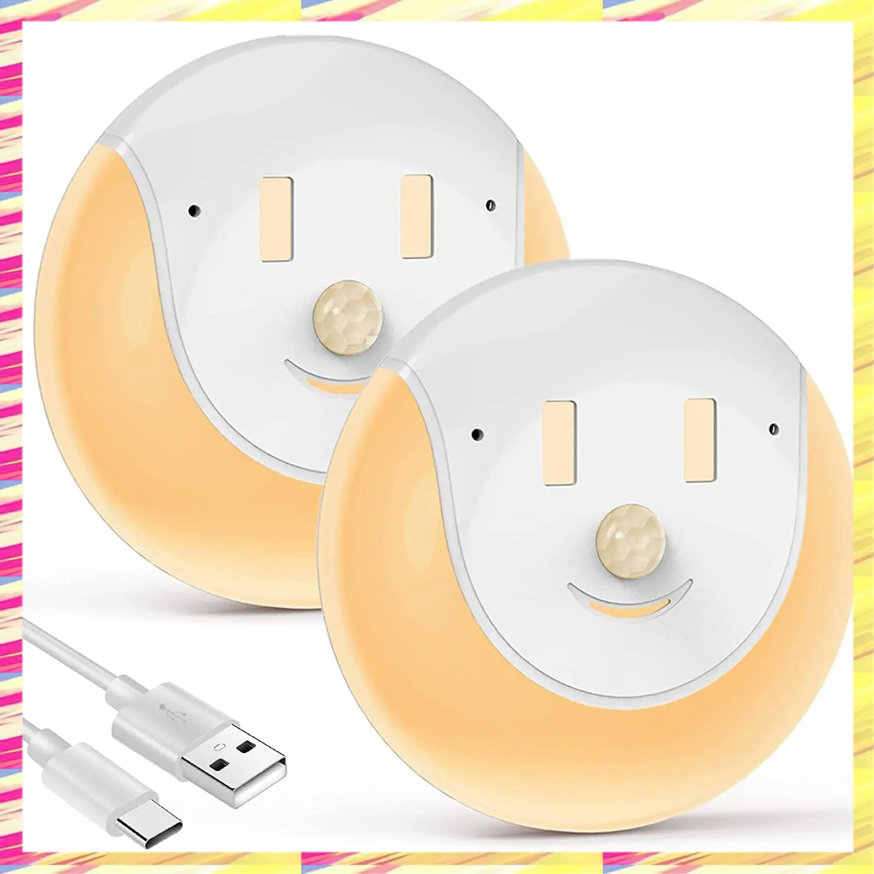 ABJJ LED Night Light With Motion Sensor, Rechargeable USB Smile Night Lamp With 3 Modes, Light For Bedroom, Pack Of 2
