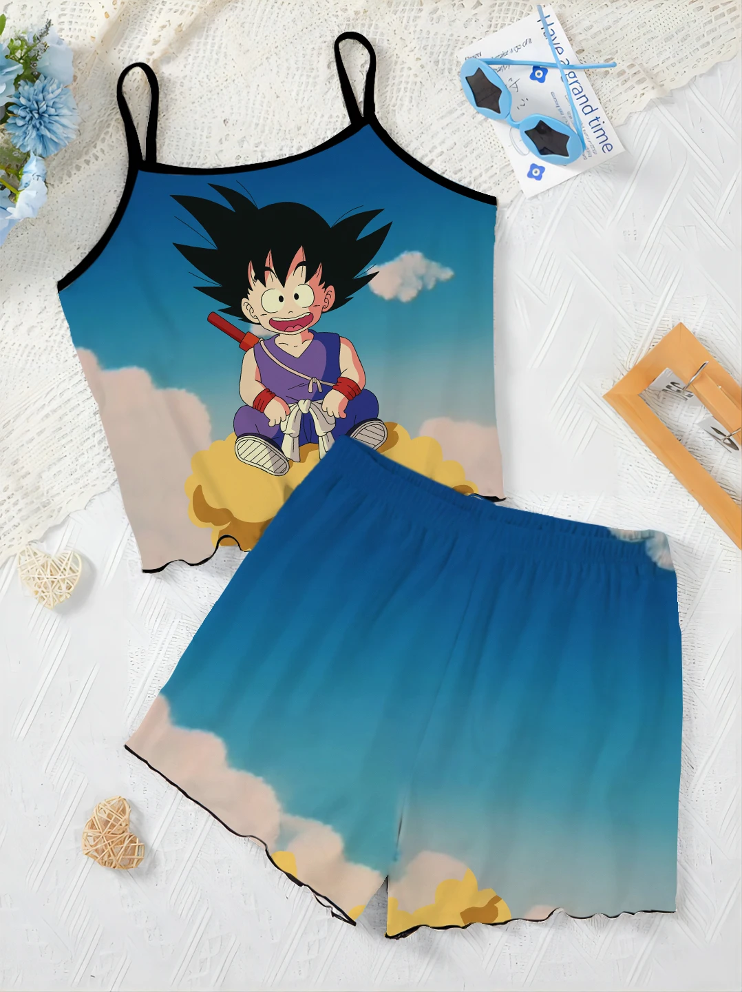 Son Goku Lettuce Trim Slip Dress Dragon Ball Short Sets for Women 2 Pieces T-shirt Women's Suit Two Piece Set Pajama Skirt Home