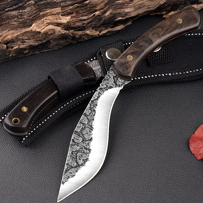 Outdoor Camping Knife: Stainless Steel, High Hardness, Sharp Blade for Cutting Meat, Mongolian Wooden Handle, Perfect for Fruit