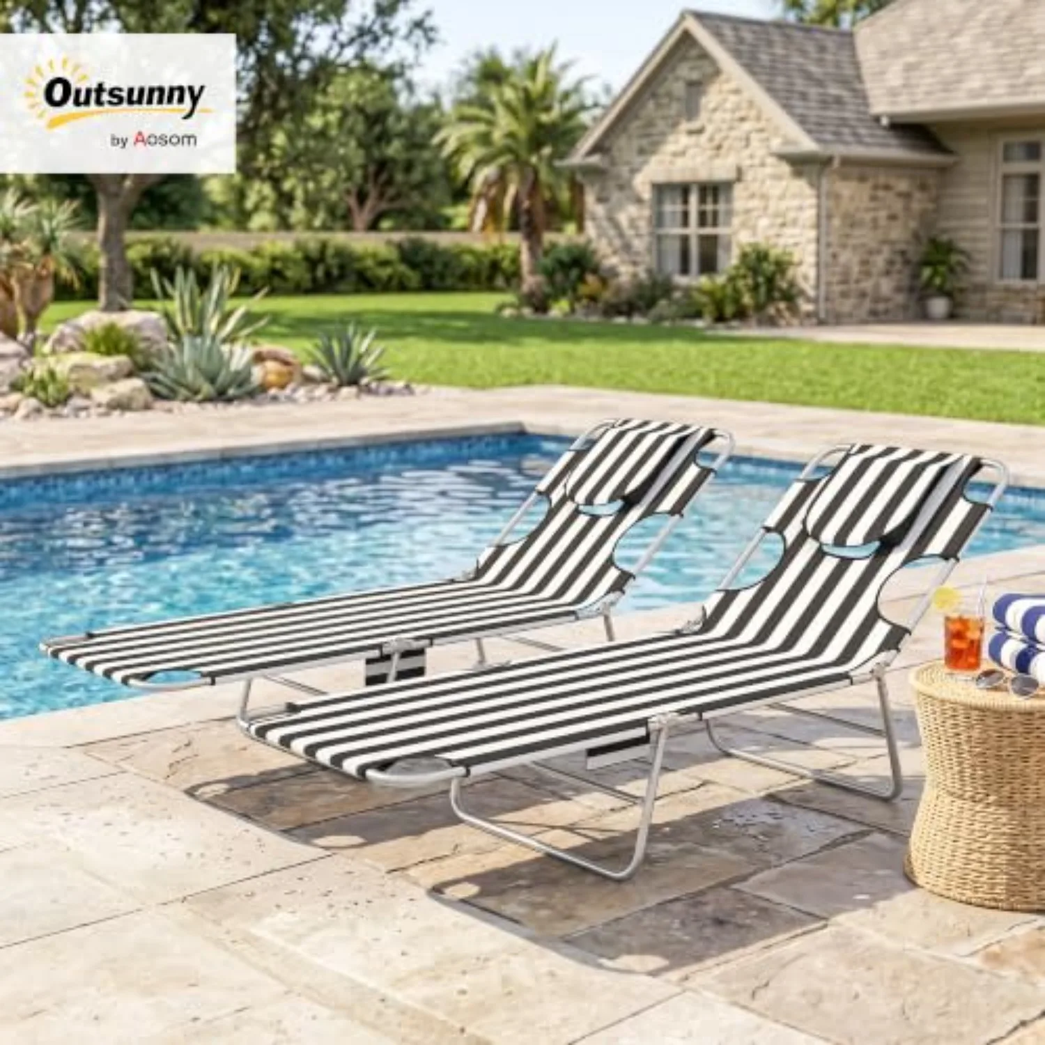 Chaise Lounge Chairs Set of 2 Outdoor Face Arm Hole Black Stripe | 5-Position Reclining Face Down Tanning Chairs, Carry