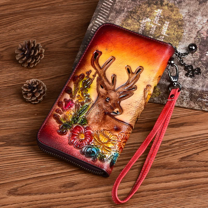 

Johnature Hand Painted Women Wallets 2024 New Genuine Leather Embossed Wallet Card Holder Long Zipper Cowhide Phone Purse