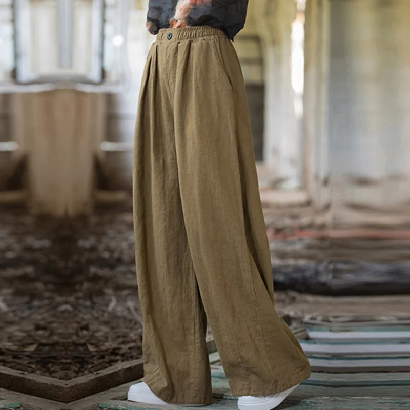 

Women's Cotton Linen Baggy Cargo Pants Vintage Elastic Waist Yoga Trousers Loose Casual Long Wide Leg Slacks