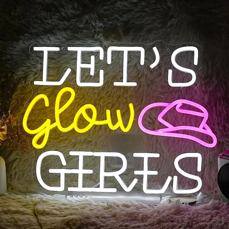 XM Let's Glow Girls Neon Sign for Wall Decor USB Dimmable LED Cowboy Hat Neon Sign for Girls Room Bedroom Party Wedding Favor