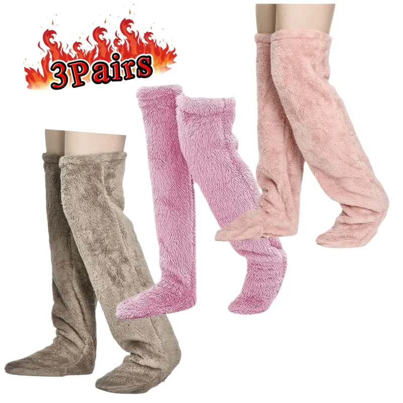 

3Pairs Solid Fuzzy Thigh High Stockings Warm & Thick Over the Knee Socks Women'S Winter Stockings & Hosiery