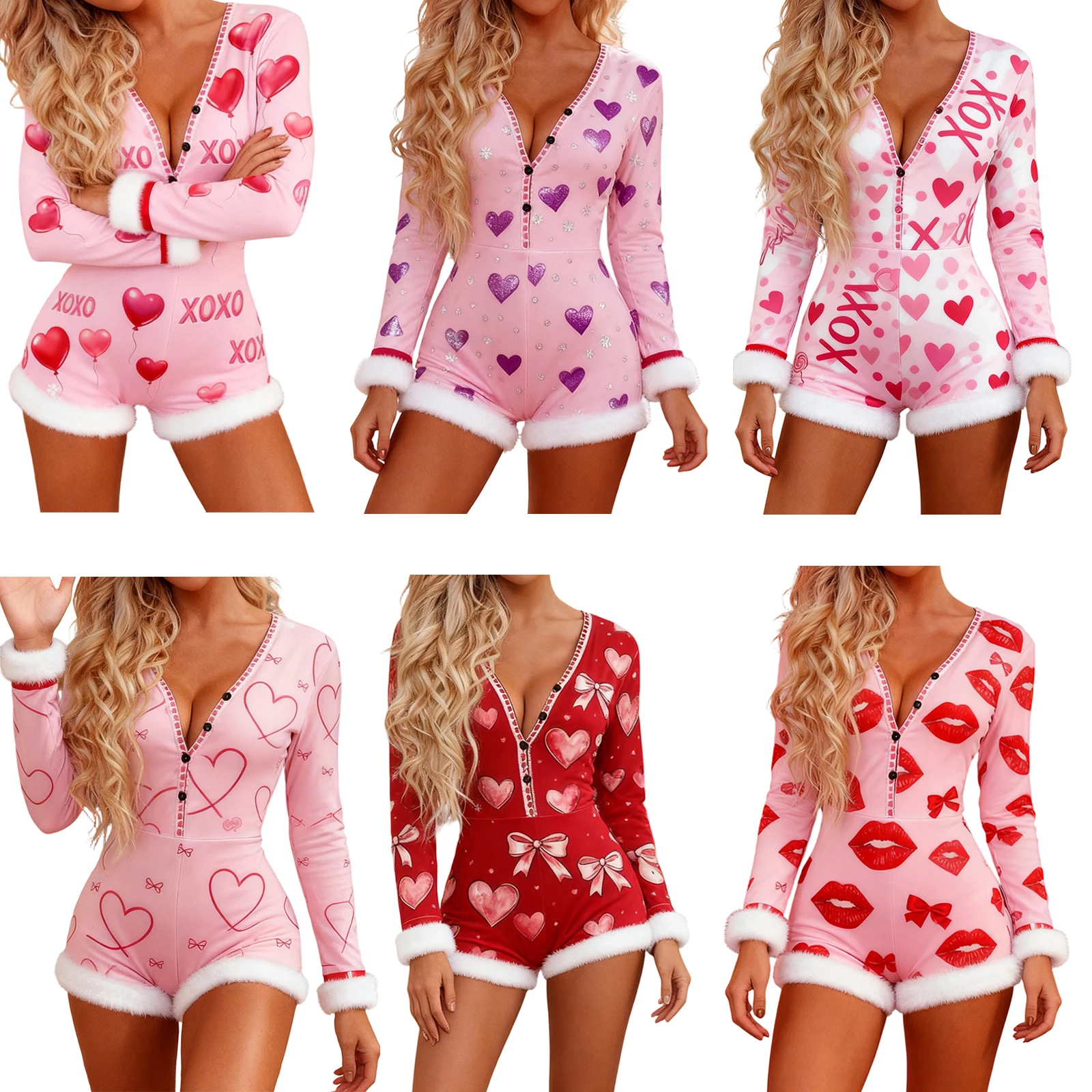 

Women's Heart Print Bodycon Romper Pajamas Long Sleeve Deep V Neck Jumpsuit Sleepwear Shorts Aesthetic Clubwear