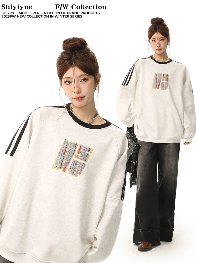 

Свободный крой, круглый вырез, полосатая толстовка, весенне-осенняя повседневная удобная толстовка с капюшоном, женская, в стиле ретро, американский дизайн