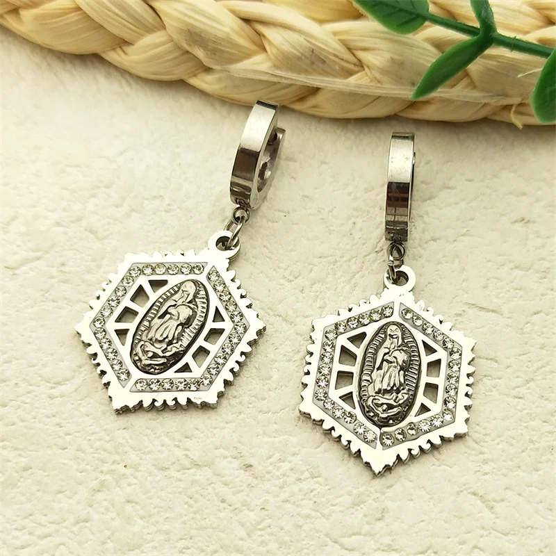 

Our Lady of Guadalupe Virgin Mary Hexagon Pendant Earrings for Women Stainless Steel Gold Silver Color Drop Earring Jewelry