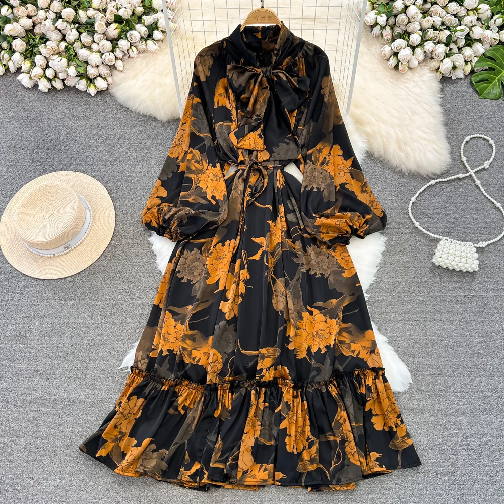 Spring Autumn Vintage Style Floral Print Dress Women Bow Tied Collar Lantern Sleeve Lace-up Slim Waist A Line Long Holiday Dress