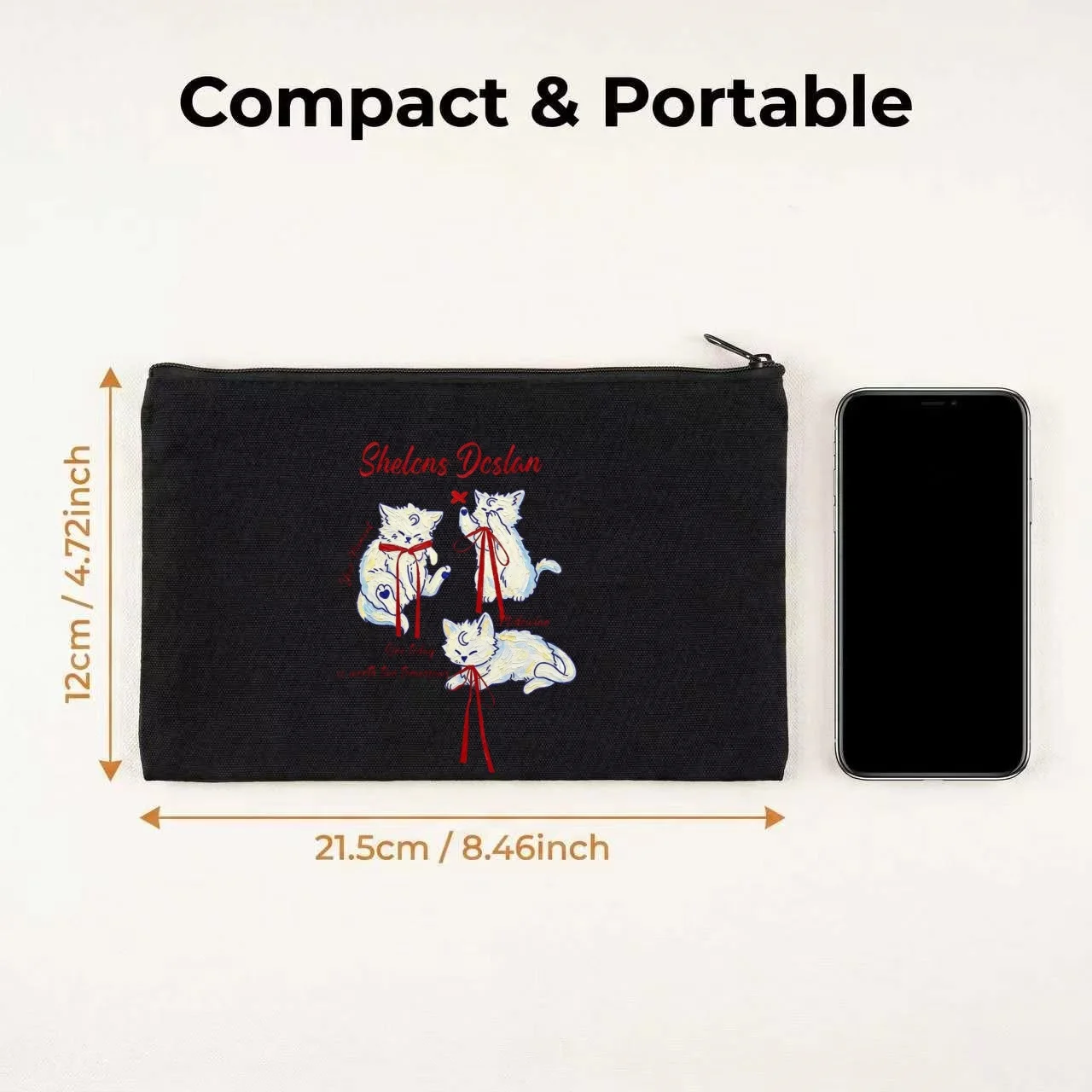 1PC Coquette Red Ribbon Three White Moon Cat Inspirational Quote Canvas Cosmetic Bag Double Sided Portable Zipper Pouch