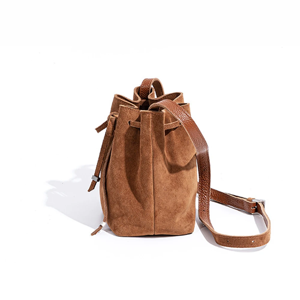 Vintage Drawstring Leather Bag bow Design Korean Bucket Bag Frosted Texture Wear-resistant Underarm Bag New