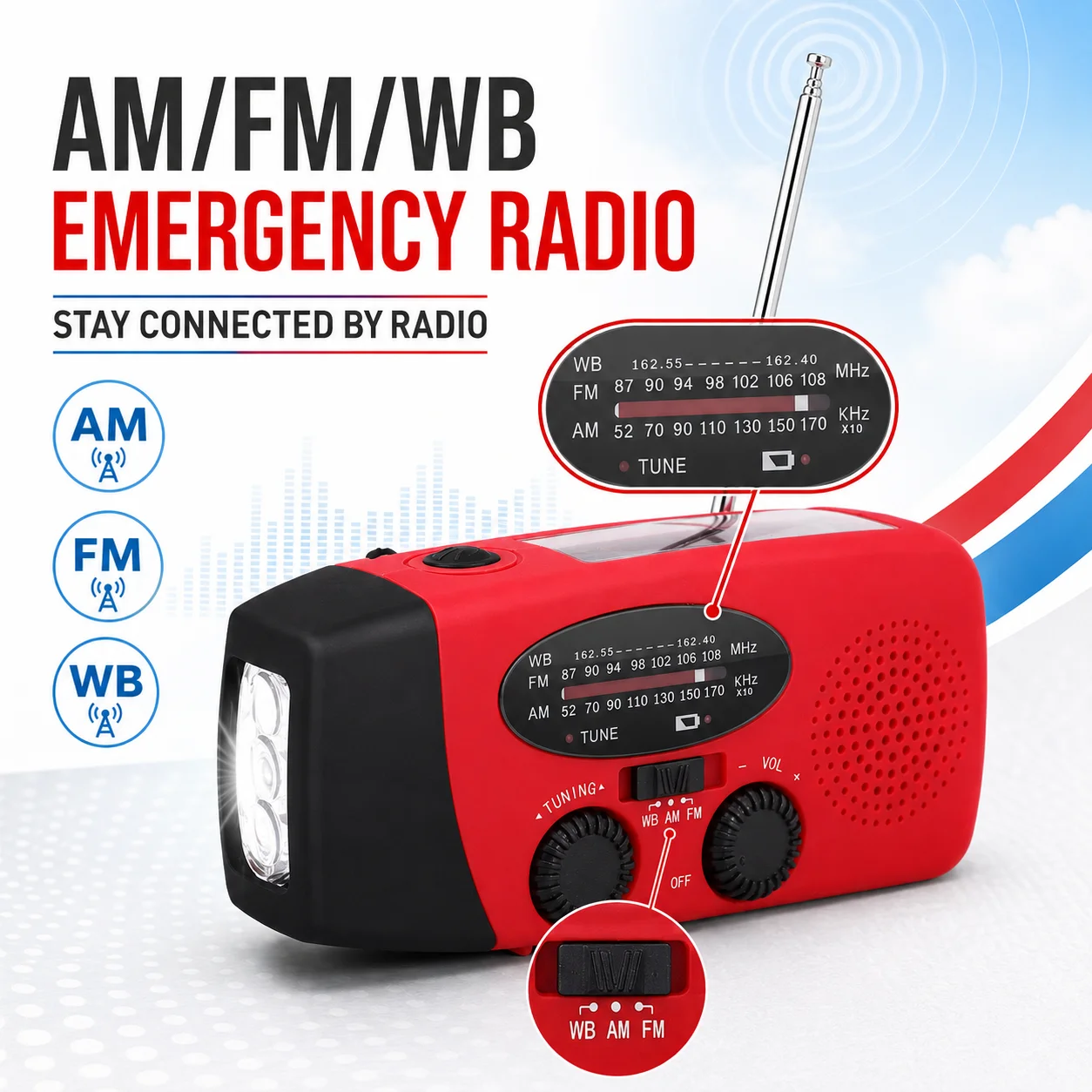 Emergency Weather Radio AM FM WB 2000mAh Hand Crank Solar USB Rechargeable LED Torch SOS Siren for Camping Powercuts Travel