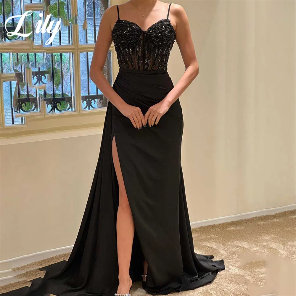 Lily Black Sweetheart Long Party Dress Spaghetti Strap Vintage Night Dresses Trumpet Beaded Celebrity Dress vestidos de fiesta