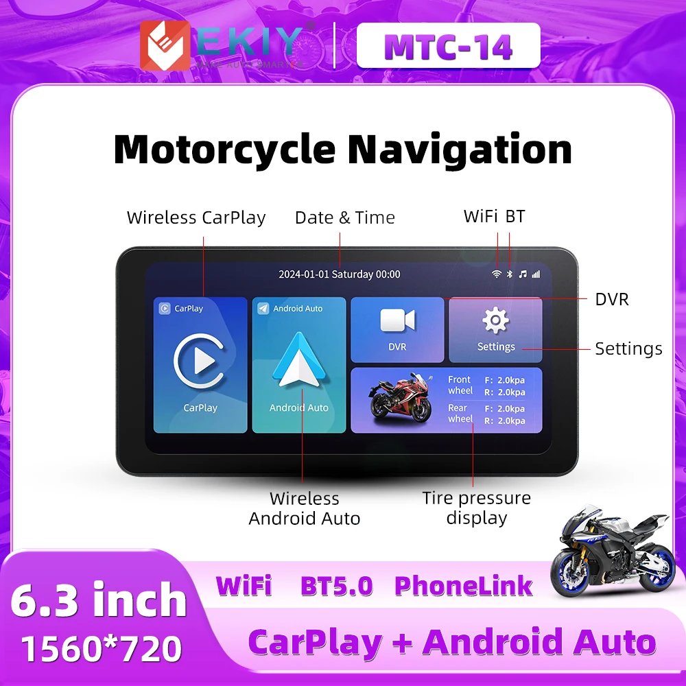 EKIY New 6.3in Motorcycle GPS CarPlay Wireless Android Auto Airplay Display Screen Portable Motorcycle Monitor Optional DVR TPMS