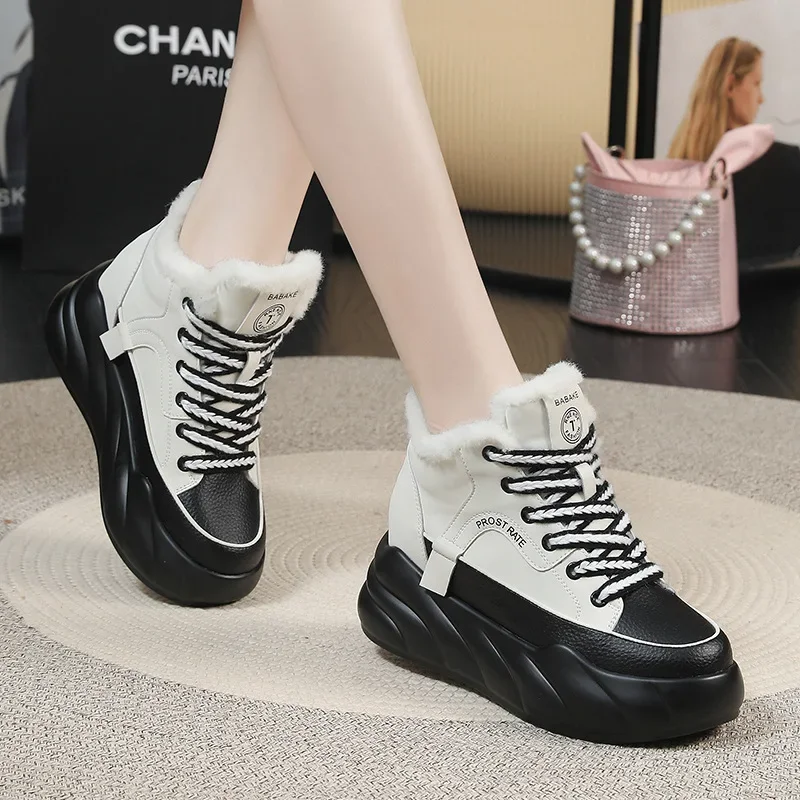 

New Versatile Shoes for Women Plush Inner Height Increase Winter Warm Cotton Shoes Casual Leather High Top Thick Sole Snow Boots