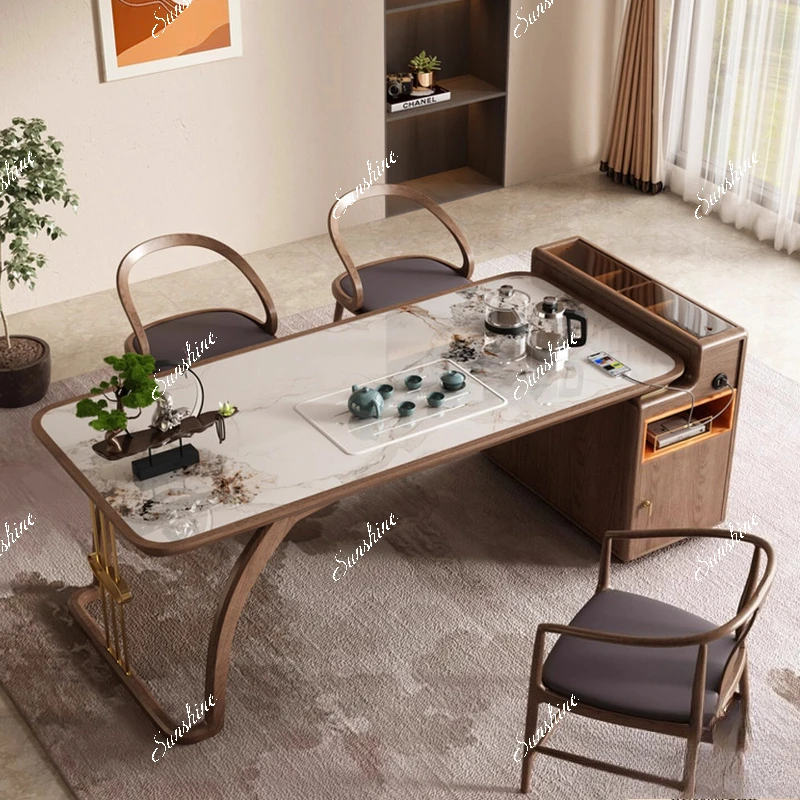 Solid wood tea table and chair combination home new Chinese style tea drinking office, modern, rock slab