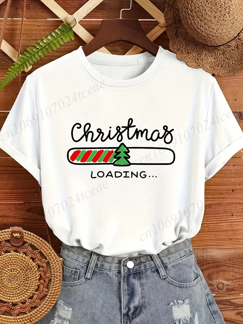 Weihnachts-T-Shirt für Damen mit Weihnachts-Loading-Progess-Bar-Aufdruck, Kurzarm, O-Ausschnitt, lässig, locker geschnitten, Weihnachts- und Feiertagsmotiv-Oberteil. – Detail 2