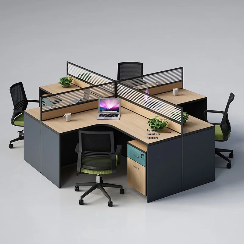 Modern Simple Bamboo Office Desk And Chair Combination Home 2/4/6 Staff Table 4 Cross Station