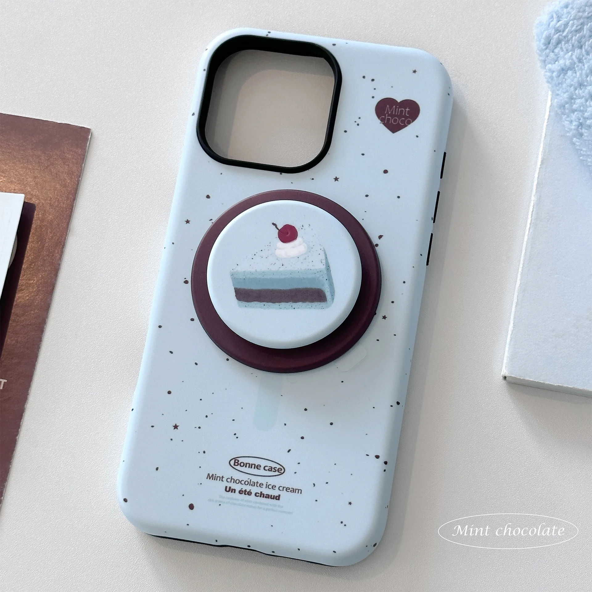 Funda de teléfono magnética con soporte de pastel de menta y tinta salpicada coreana para iPhone 16 15 14 13 12 mini 11 Pro Max, cubierta dura de parachoques a prueba de golpes