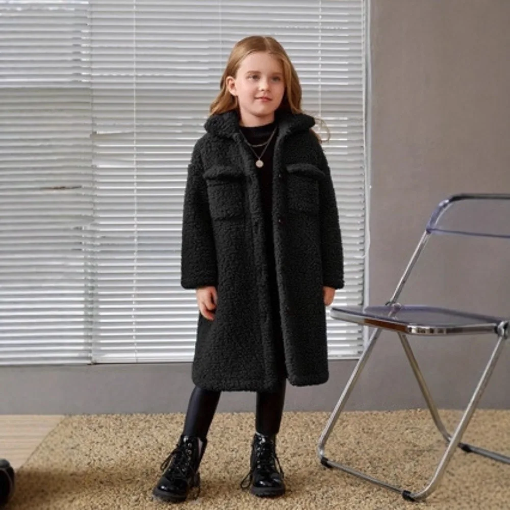 New Fall Winter Girls Sherpa Fleece Coat Faux Fur Integrated Loose Mid-Length Thick Warm Outerwear for 4-13Y
