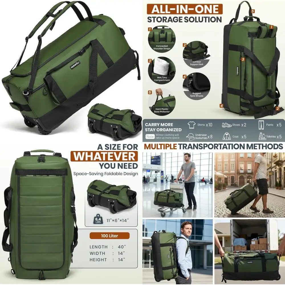 

Водонепроницаемый складной чемодан объемом 100 л с колесами и скрытым рюкзаком для тяжелых нагрузок, дорожная сумка без провисания