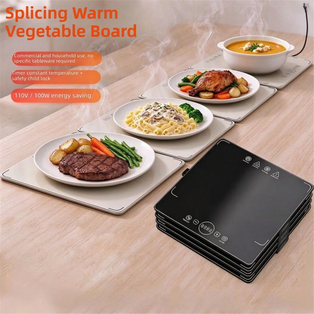 Electric Warming Tray for Food 4-Panel with Temperature Control Timer Temperature Detection for Home Parties US Plug