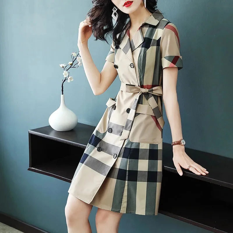 2023 Summer New Women's Fashion Patchwork Plaid Shirt Skirt Showing Thin Loose Temperament Long-sleeved Dress Female Lace-up XZ2