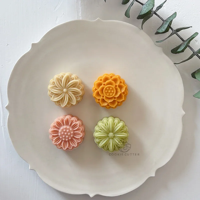 Flower Moon Cake Mold Mung Bean Cake Daisy Sunflower Lotus Shape Cookie Stamp Mid-Autumn Festival Hand Pressed Pastry