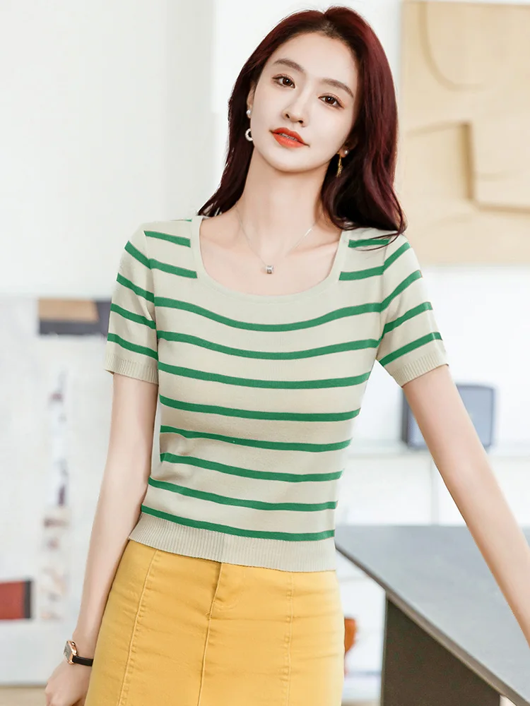 신상품 여성 여름 대비 컬러 스트라이프 티셔츠 패션 오넥 반팔 코튼 티셔츠 심플 캐주얼 루즈 티셔츠