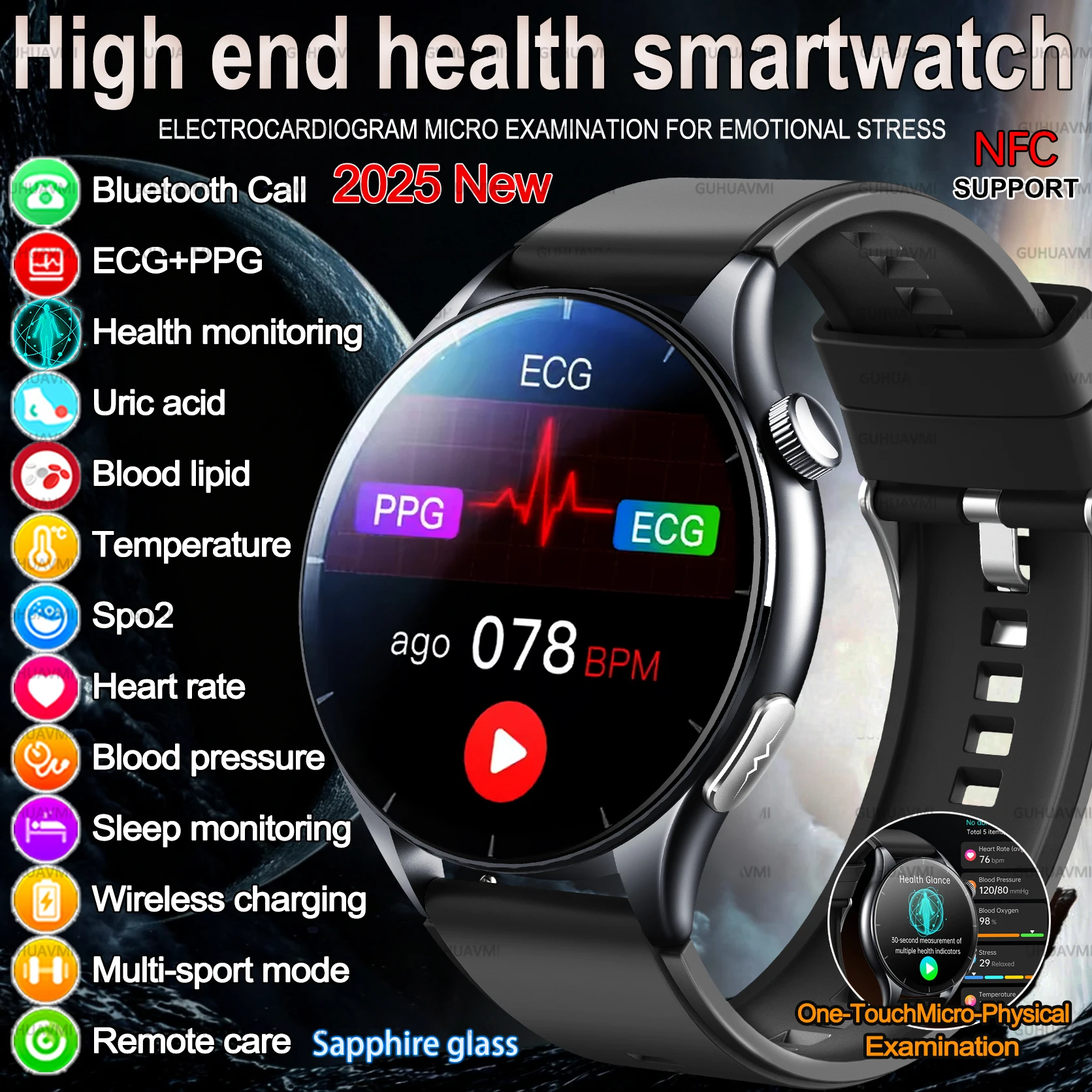 

2025 High end health smartwatch Health Analysis Uric Acid Blood Fat Body Fat Blood Pressure BT Call ECG+PPG Clock Smartwatch NFC