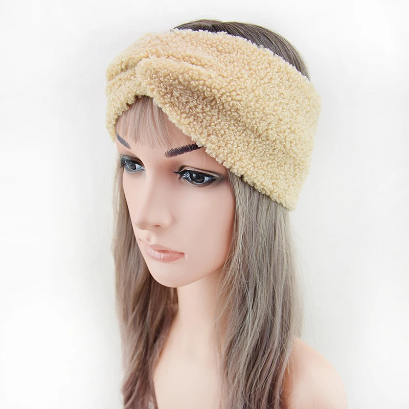 Lamb Wool Knitted Hairbands Cashmere Cross Headbands Wide Warm Twist Stretch Ear Warmer Turbans Fluffy Hair Accesssories