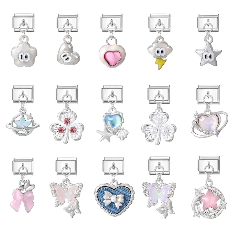 

Cute Eyes Butterfly Star Heart Bow Knot Zircon Pendant Italian Charm Links Fit 9MM Stainless Steel Bracelet Women DIY Making